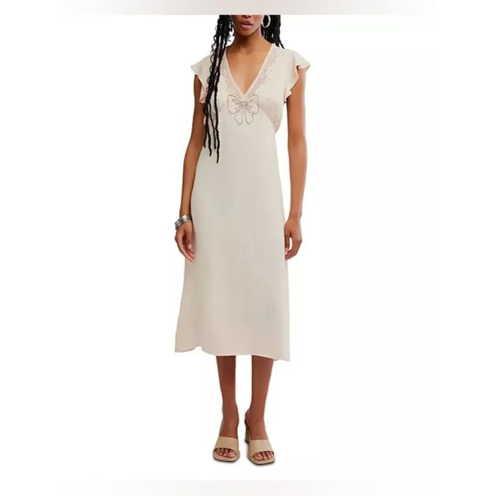 Free People Tied With Joy Midi Dress Neutral Lace-Trim Camisole size XL